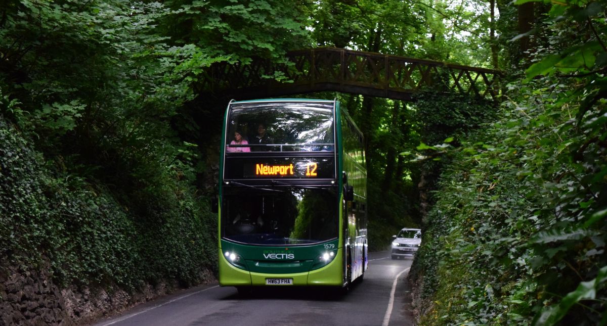 Southern Vectis bus 12 driving through Shorwell, Isle of Wight